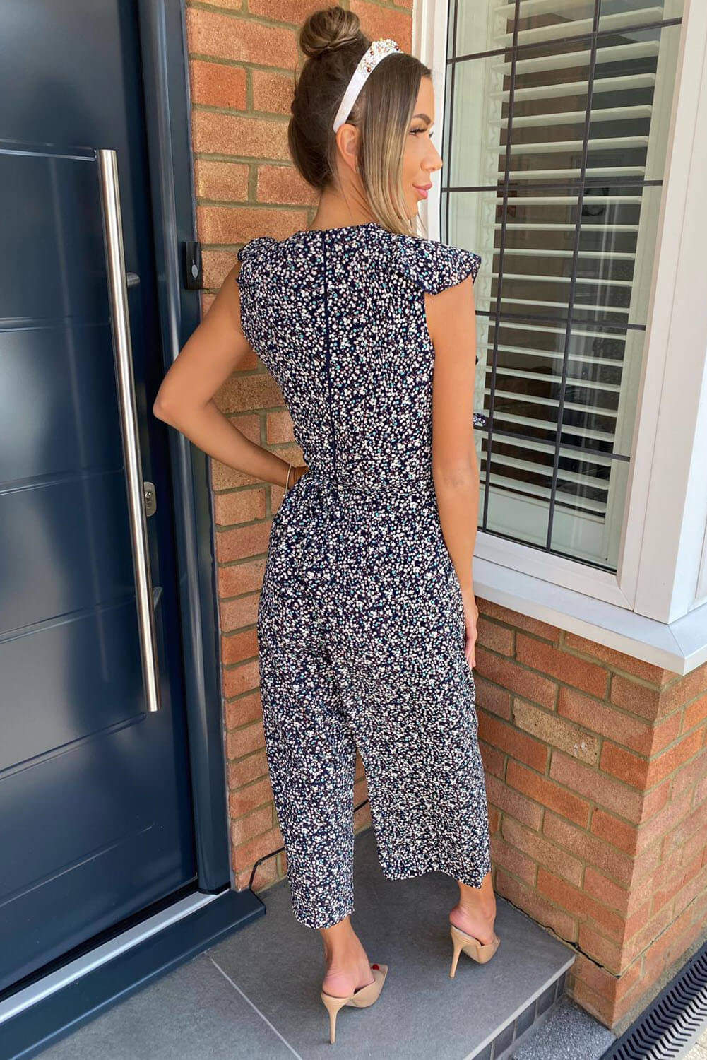 Women's Navy Floral Frill Front Jumpsuit - Stylish Summer Outfit