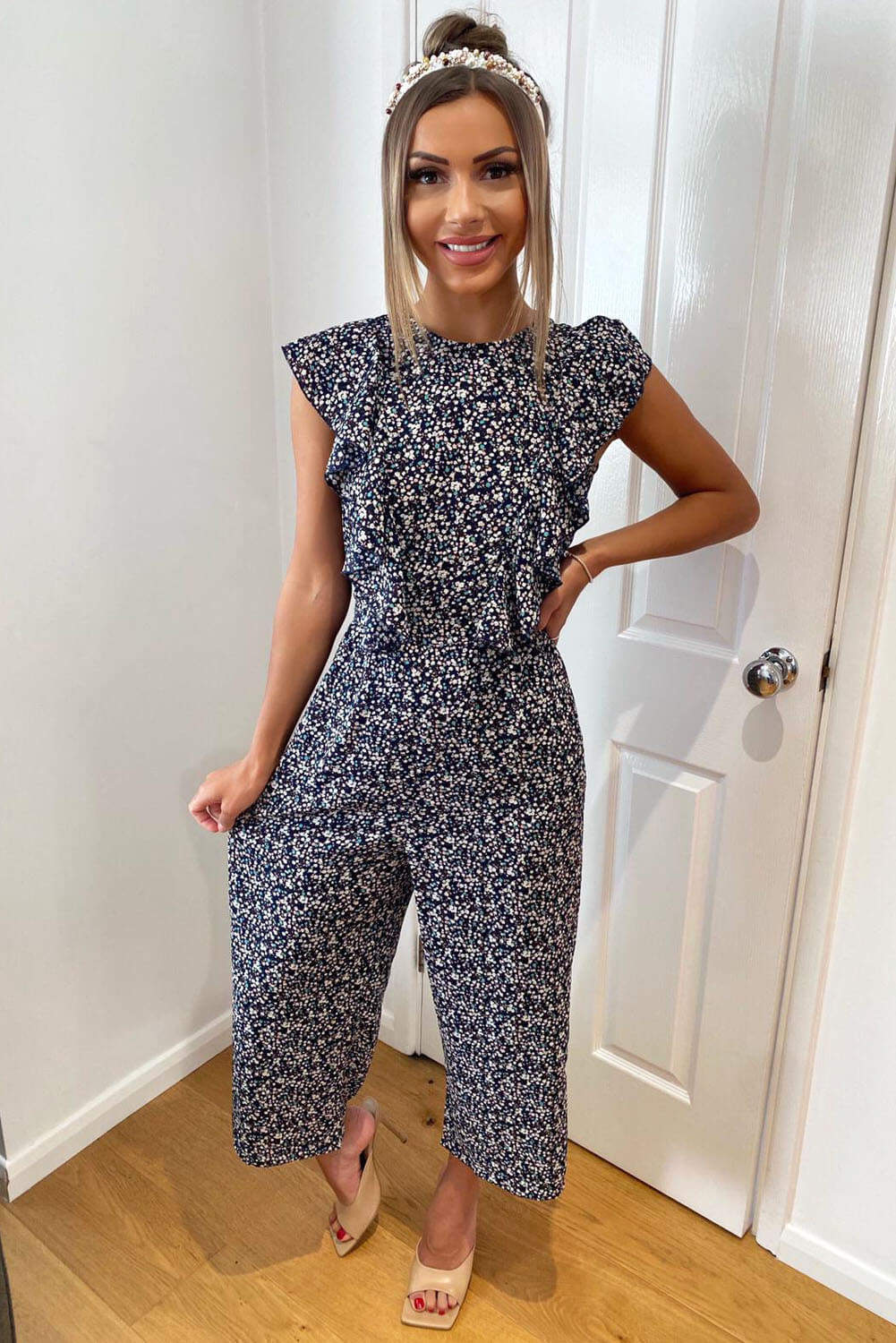 Women's Navy Floral Frill Front Jumpsuit - Stylish Summer Outfit