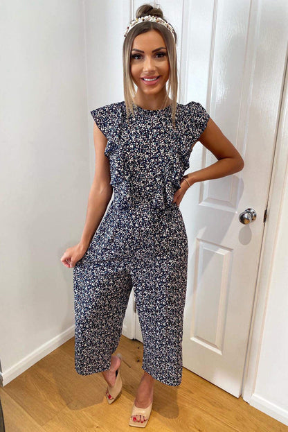 Women's Navy Floral Frill Front Jumpsuit - Stylish Summer Outfit