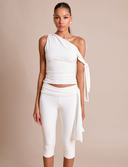 White Asymmetric One Shoulder Slinky Top with Knot Detail - Luxe Fashion