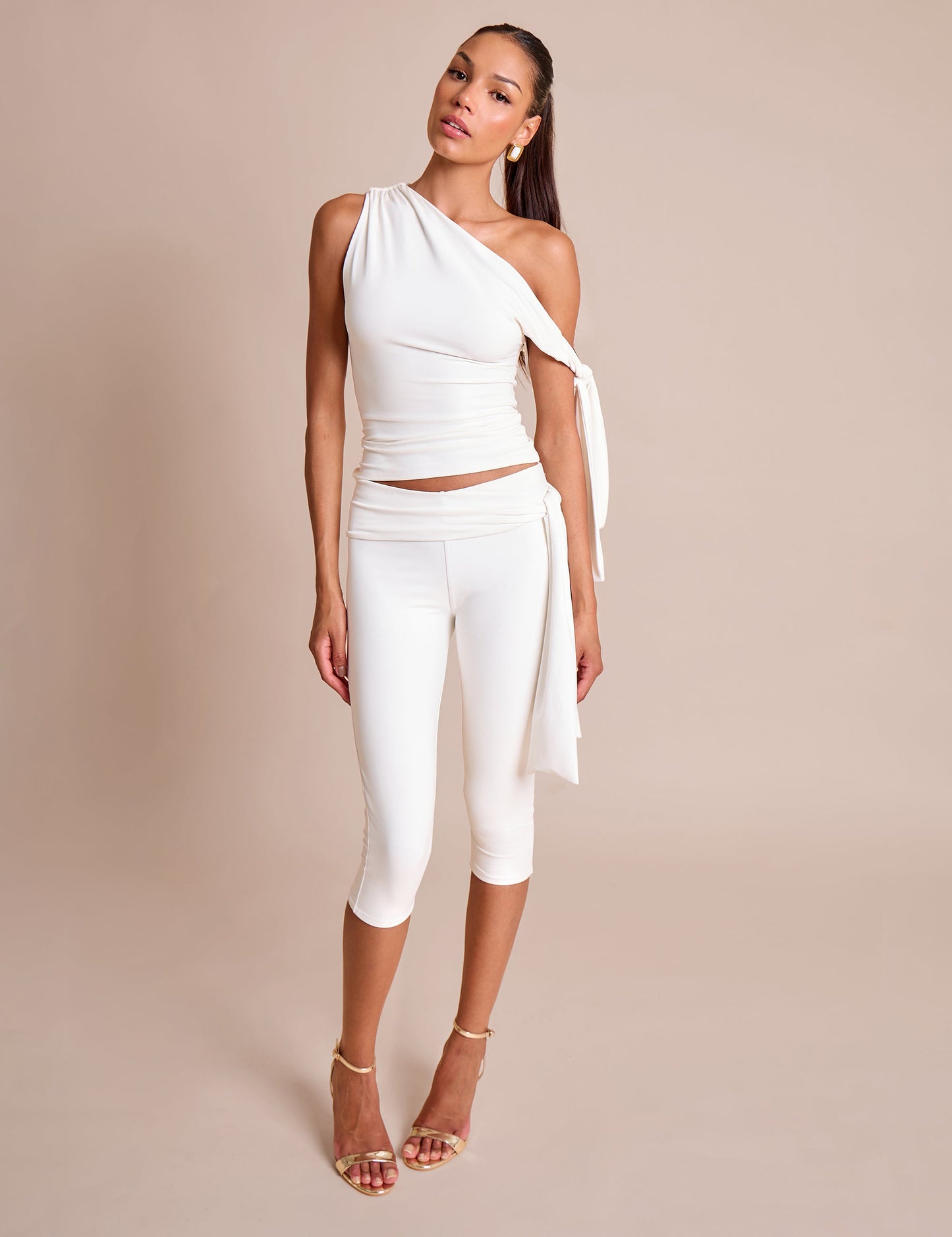 White Asymmetric One Shoulder Slinky Top with Knot Detail - Luxe Fashion