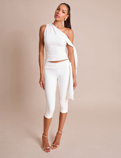 White Asymmetric One Shoulder Slinky Top with Knot Detail - Luxe Fashion