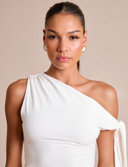 White Asymmetric One Shoulder Slinky Top with Knot Detail - Luxe Fashion