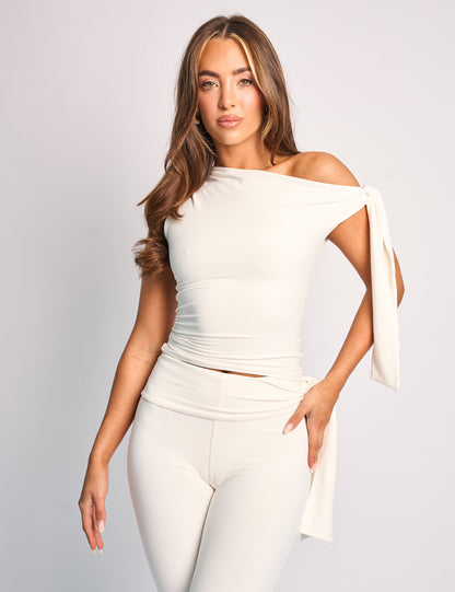 White Asymmetric One Shoulder Slinky Top with Knot Detail - Luxe Fashion