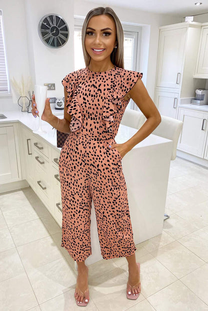 Women's Peach Floral Frill Jumpsuit - Stylish Summer Outfit