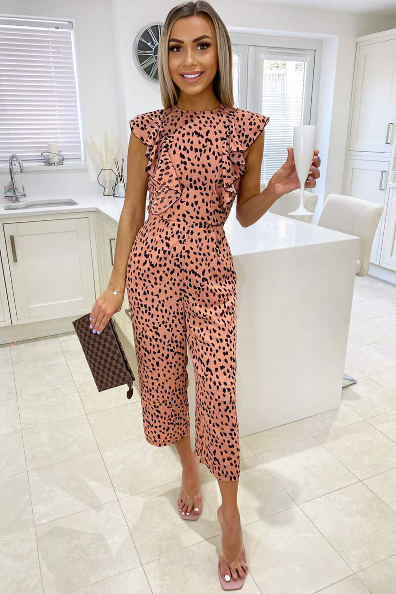 Women's Peach Floral Frill Jumpsuit - Stylish Summer Outfit