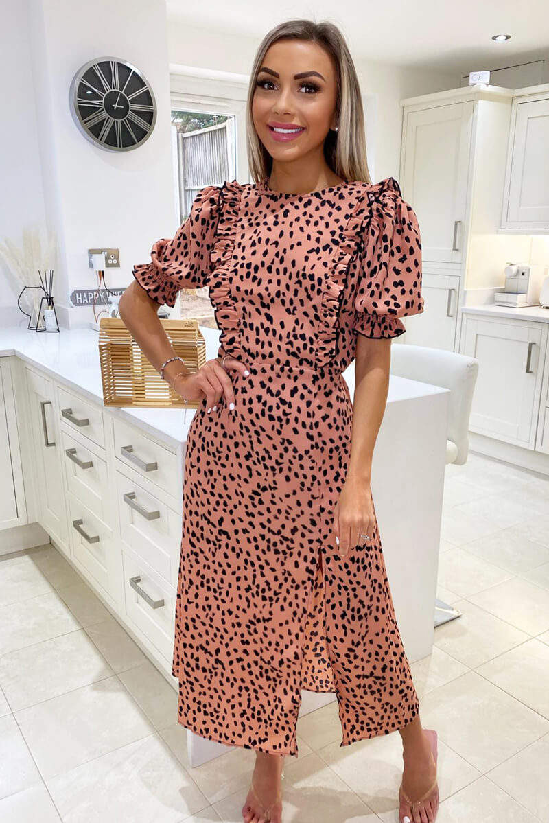 Women's Floral Peach Midi Dress with Ruffle Details and Side Split Legs