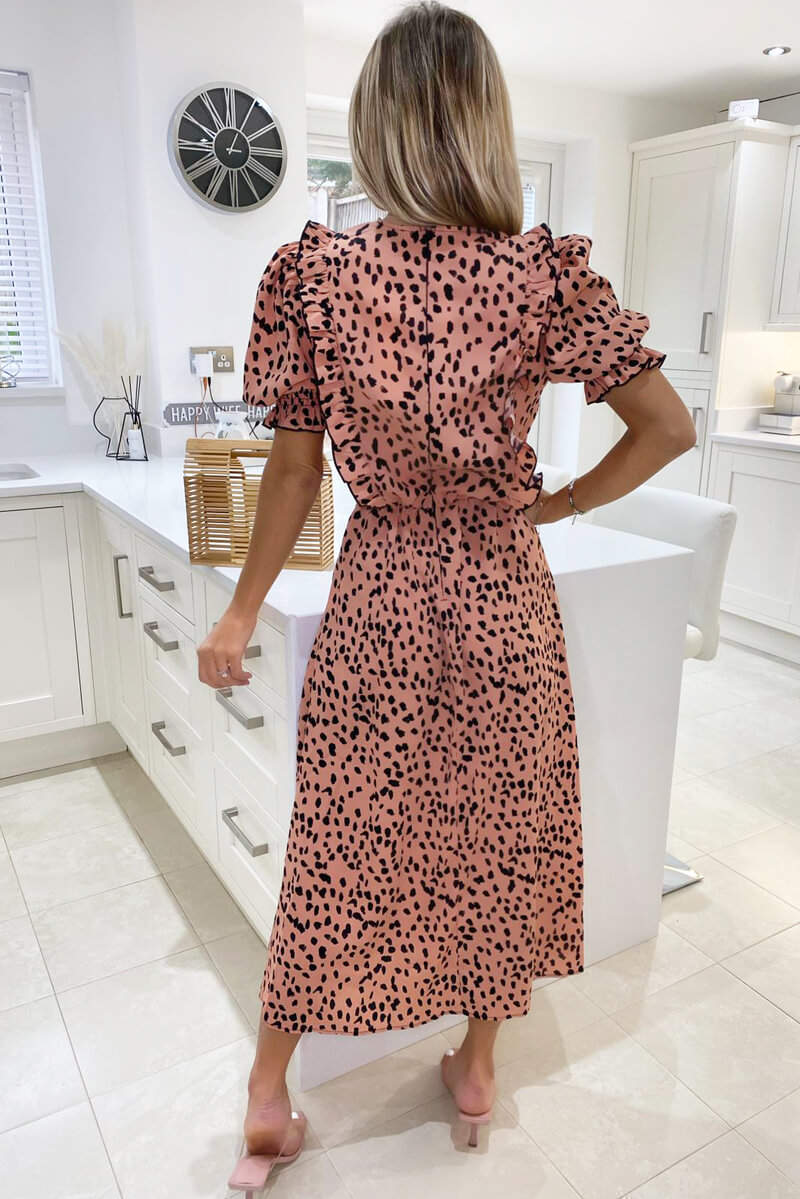 Women's Floral Peach Midi Dress with Ruffle Details and Side Split Legs