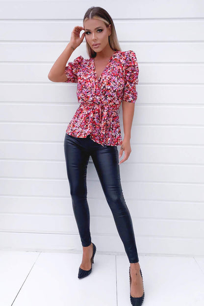 Stylish Women's Red Abstract Wrap Top with Short Ruffle Sleeves for Casual Wear