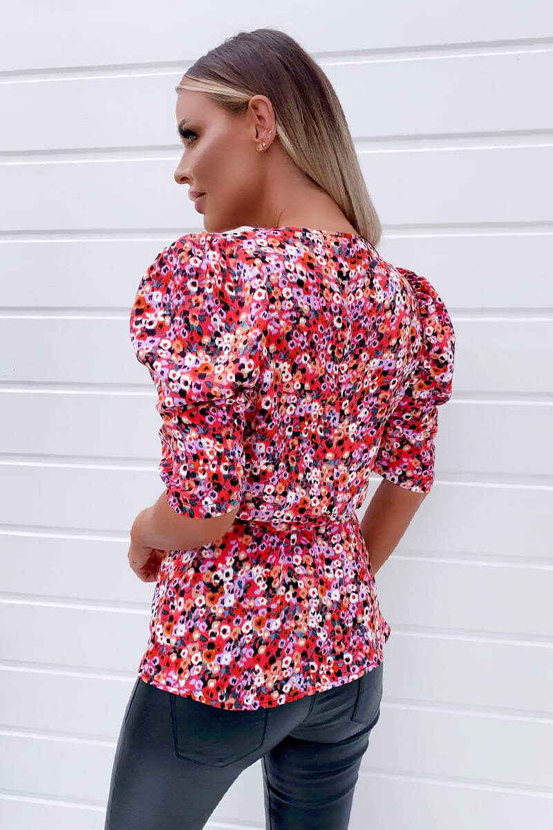 Stylish Women's Red Abstract Wrap Top with Short Ruffle Sleeves for Casual Wear