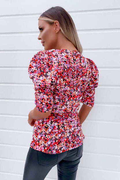 Stylish Women's Red Abstract Wrap Top with Short Ruffle Sleeves for Casual Wear