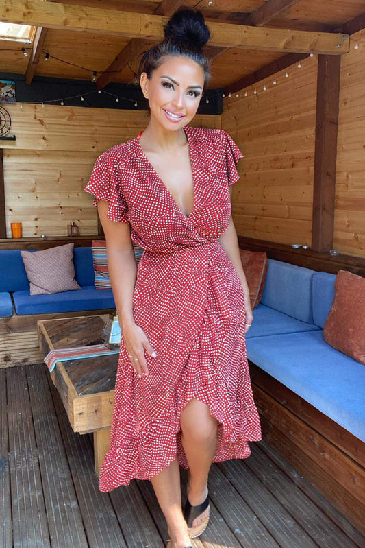 Women's Rust Polka Dot Midi Dress with Wrap Over Style - Elegant and Trendy Fashion