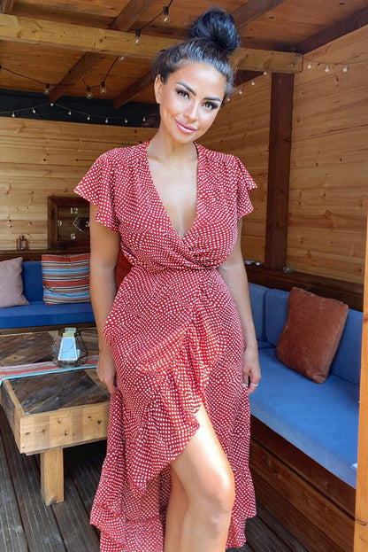 Women's Rust Polka Dot Midi Dress with Wrap Over Style - Elegant and Trendy Fashion