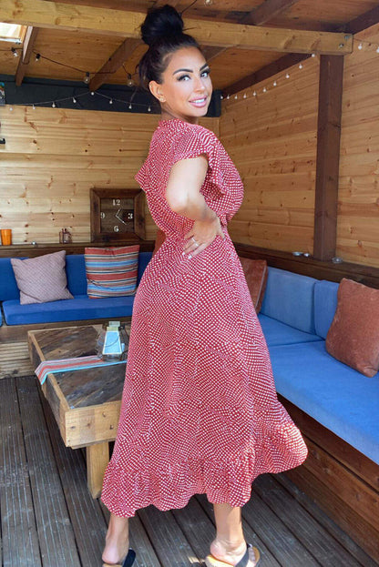 Women's Rust Polka Dot Midi Dress with Wrap Over Style - Elegant and Trendy Fashion