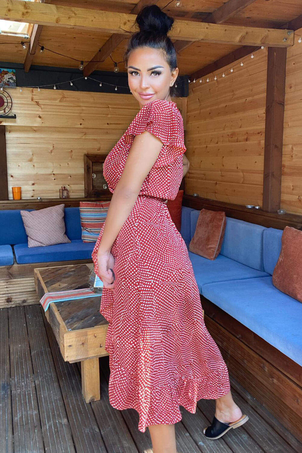 Women's Rust Polka Dot Midi Dress with Wrap Over Style - Elegant and Trendy Fashion