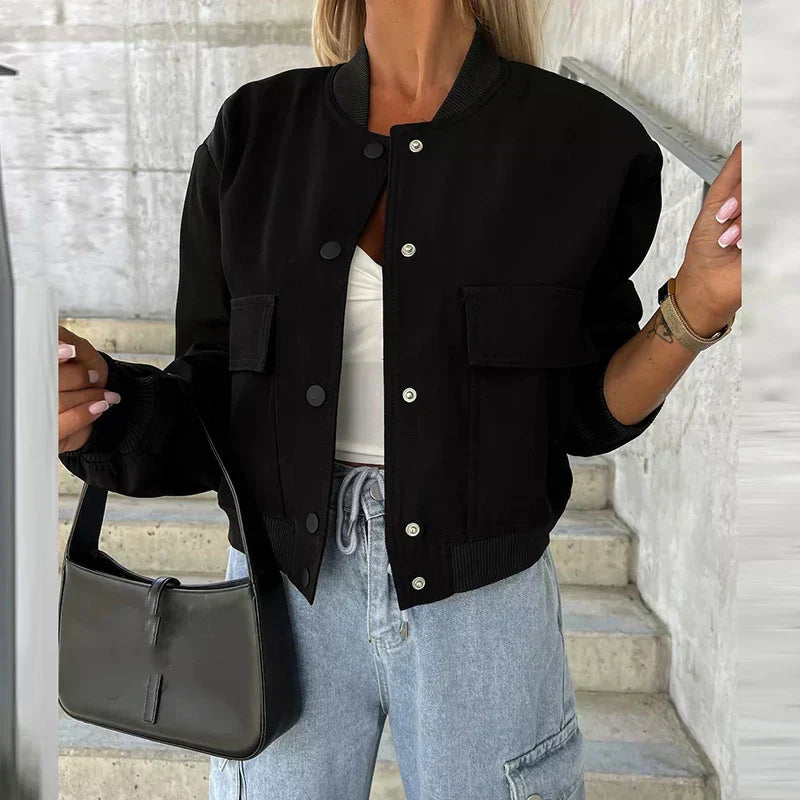 Stylish Women's Bomber Jacket with Button Closure and Flap Pockets for Casual Wear