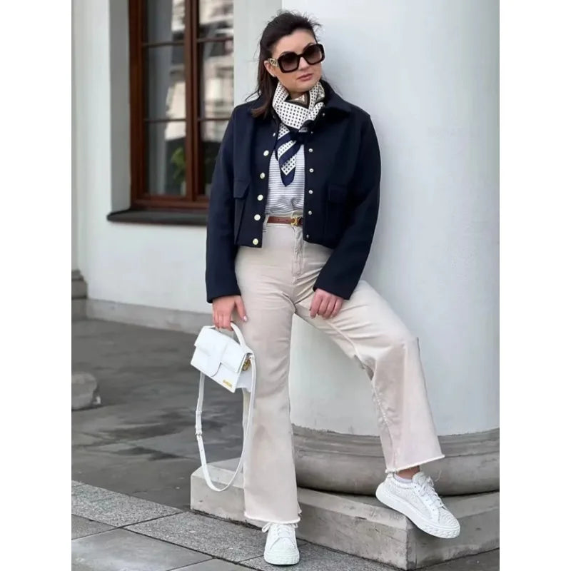 Women's Cropped Aviator Bomber Jacket - Button Front Design with Pockets