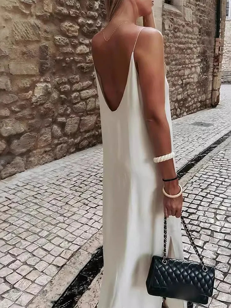 Women's Backless V-Neck Maxi Dress - Casual Loose-Fit Solid Color Beach Vacation Dress 2024