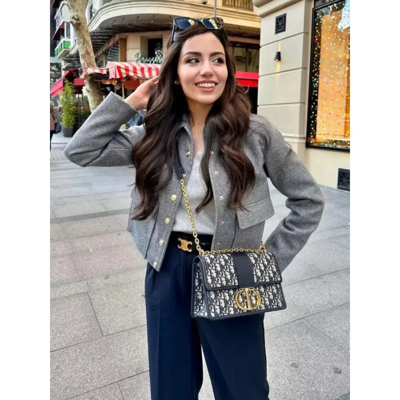 Women's Cropped Aviator Bomber Jacket - Button Front Design with Pockets