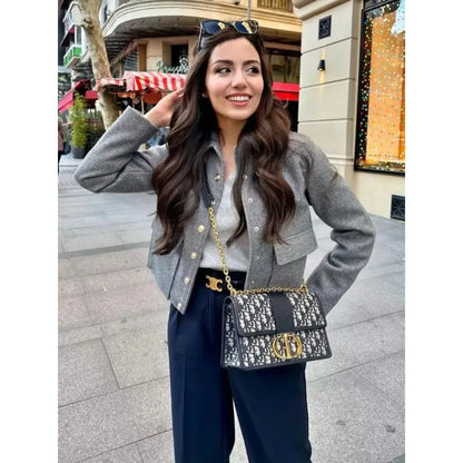 Women's Cropped Aviator Bomber Jacket - Button Front Design with Pockets