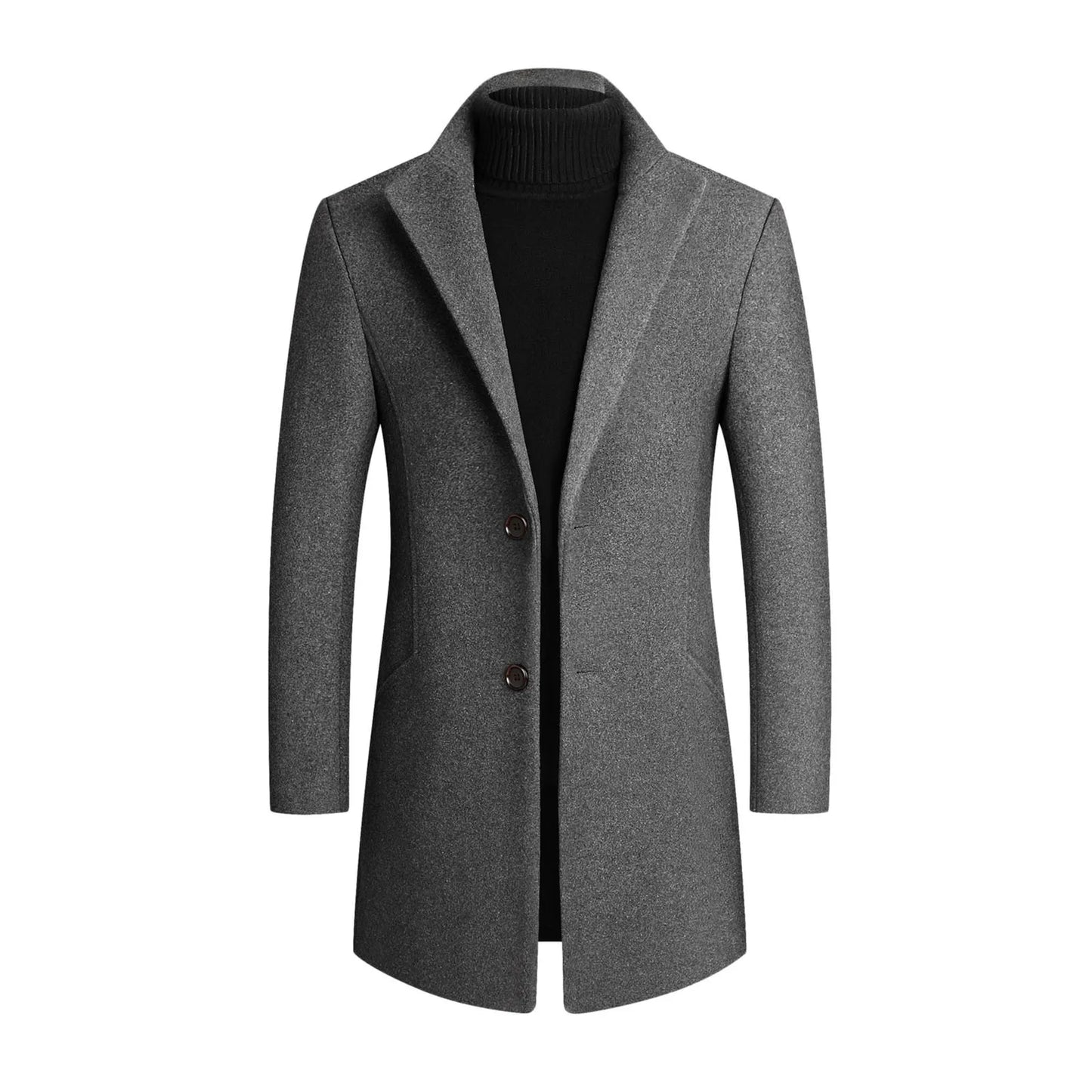 Men's Elegant Long Coat with Notched Lapel and Two-Button Closure for Versatile Formal and Casual Outfits