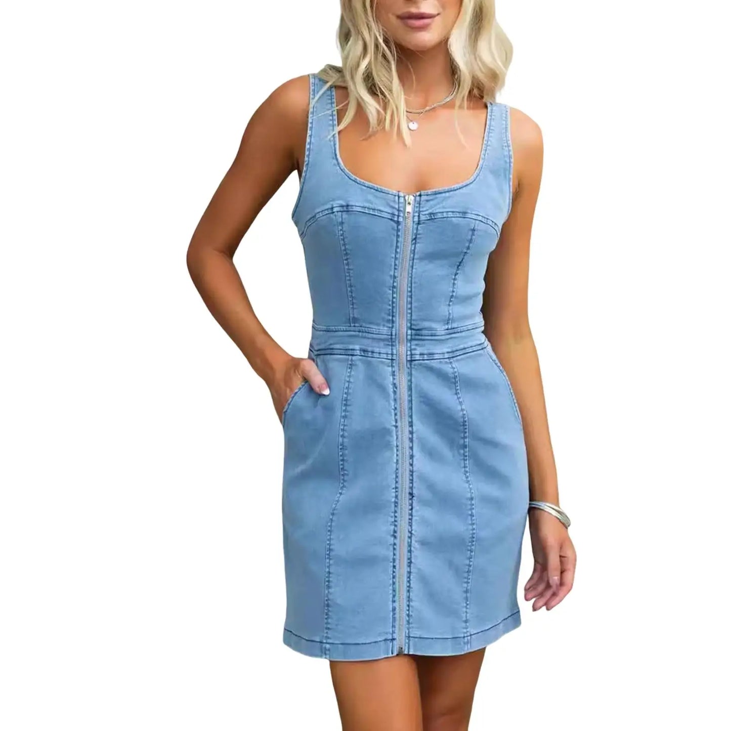 Denim Mini Dress with Suspenders - A-Line, Slimming, Sleeveless, Backless, Zipper Front - Trendy Beachwear 2025