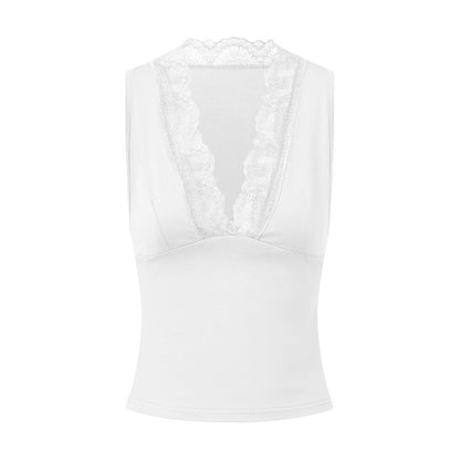 Elegant Women's Summer Lace Splice Sleeveless Tank Top - Deep V Neck Casual Slim Camisole for Streetwear