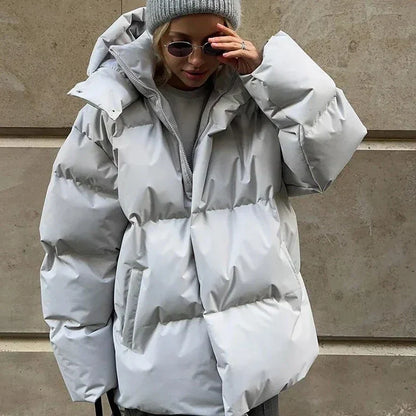 Women's High Neck Oversized Winter Puffer Jacket with Hood - Warm and Stylish Outerwear