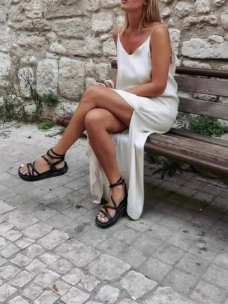Women's Backless V-Neck Maxi Dress - Casual Loose-Fit Solid Color Beach Vacation Dress 2024