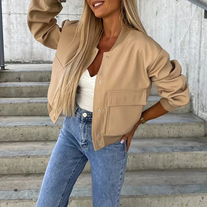 Stylish Women's Bomber Jacket with Button Closure and Flap Pockets for Casual Wear