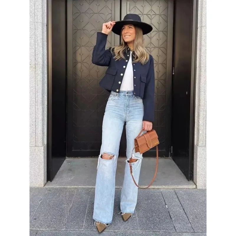 Women's Cropped Aviator Bomber Jacket - Button Front Design with Pockets