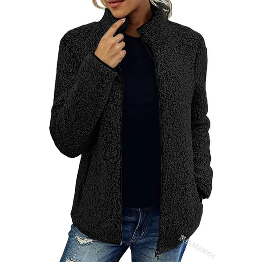 Cozy Women's Full Zip Teddy Jacket with High Collar for Winter Warmth