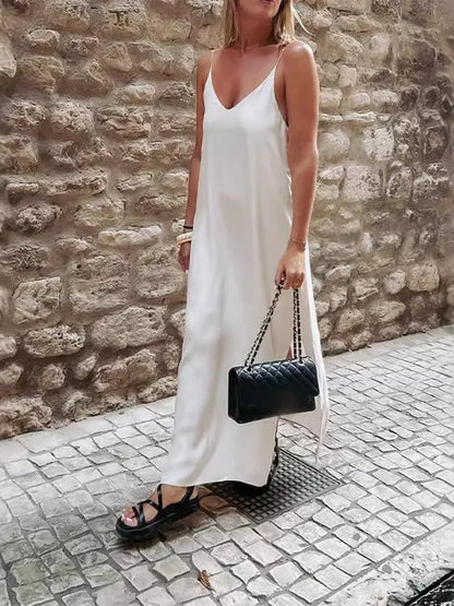 Women's Backless V-Neck Maxi Dress - Casual Loose-Fit Solid Color Beach Vacation Dress 2024