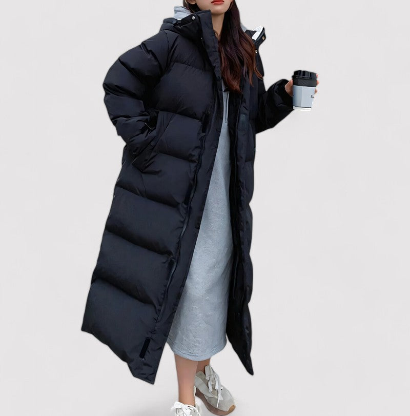 Women's Waterproof Hooded Long Black Puffer Parka Jacket for Cold Weather