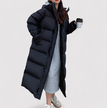 Women's Waterproof Hooded Long Black Puffer Parka Jacket for Cold Weather