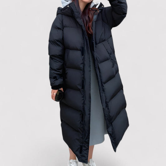 Women's Waterproof Hooded Long Black Puffer Parka Jacket for Cold Weather