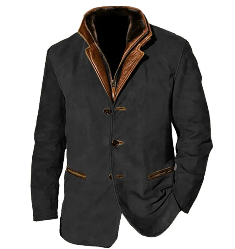 Stylish Men's Blazer with Layered Collar and Button-Front Closure