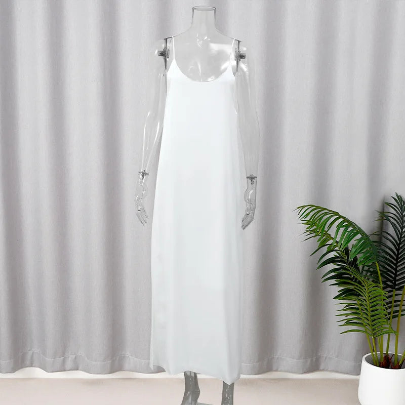 Women's Backless V-Neck Maxi Dress - Casual Loose-Fit Solid Color Beach Vacation Dress 2024