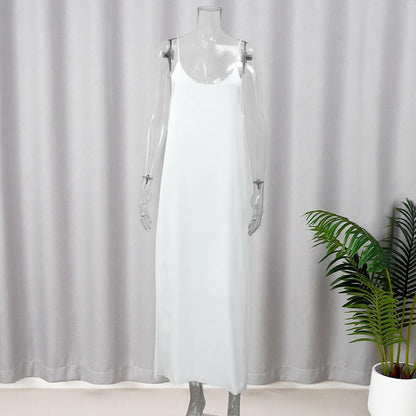 Women's Backless V-Neck Maxi Dress - Casual Loose-Fit Solid Color Beach Vacation Dress 2024