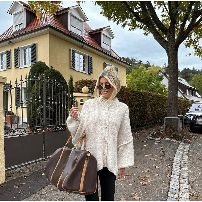 Cozy Women's Ribbed Neckline Knit Cardigan with Button Closure