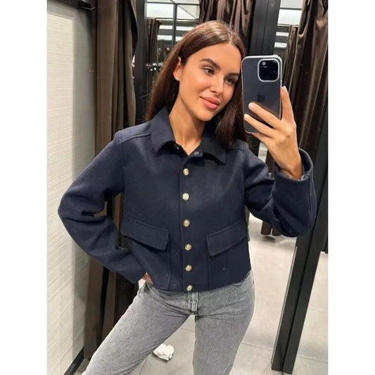 Women's Cropped Aviator Bomber Jacket - Button Front Design with Pockets