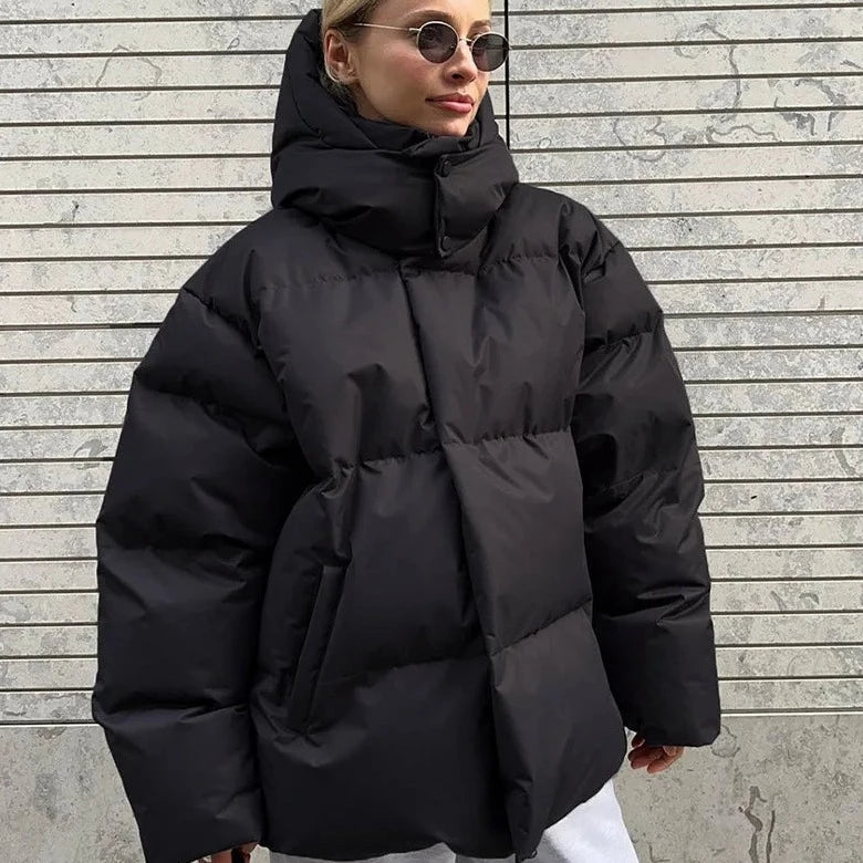 Women's High Neck Oversized Winter Puffer Jacket with Hood - Warm and Stylish Outerwear