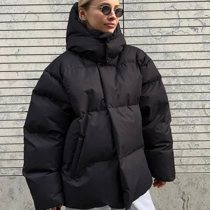 Women's High Neck Oversized Winter Puffer Jacket with Hood - Warm and Stylish Outerwear