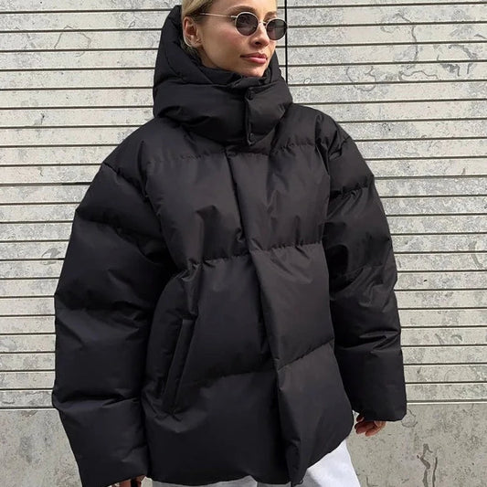 Women's High Neck Oversized Winter Puffer Jacket with Hood - Warm and Stylish Outerwear