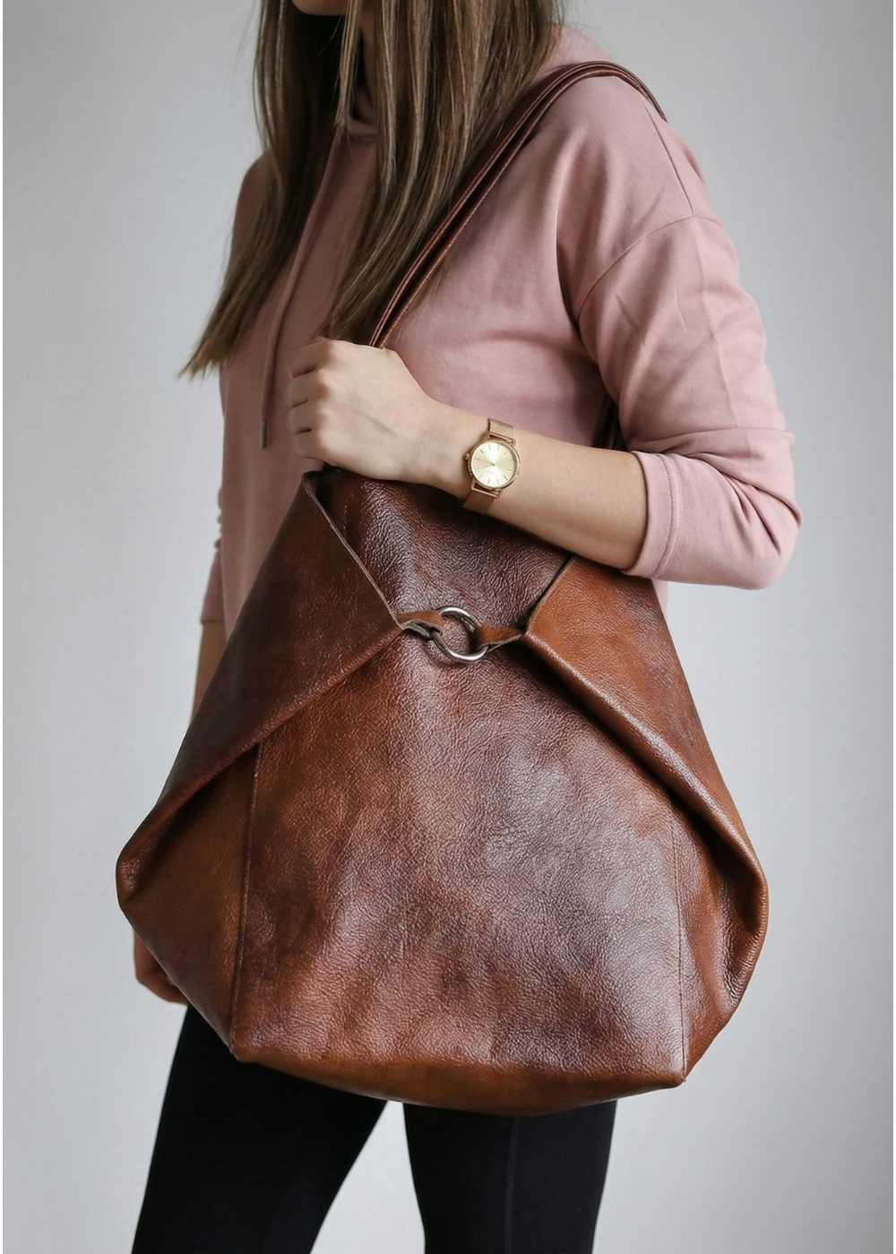 Chic Work Shoulder Tote Bag with Secure Ring-Fold Clasp Closure