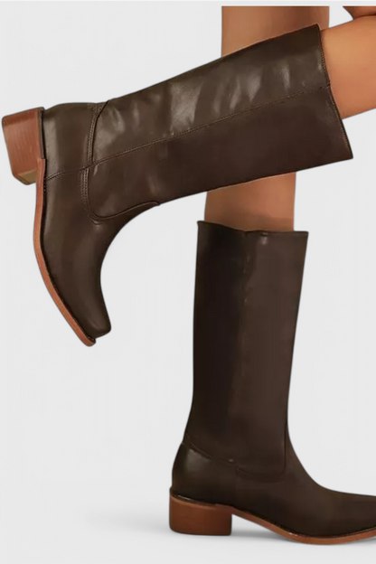 Stylish Women's Knee High Boots with Stacked Heel and Classic Round Toe Design