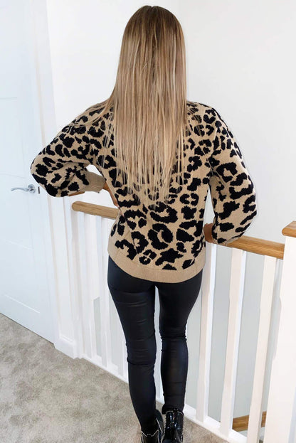 Women's Stone Leopard Print Knit Sweater - Stylish and Cozy Fashion Top