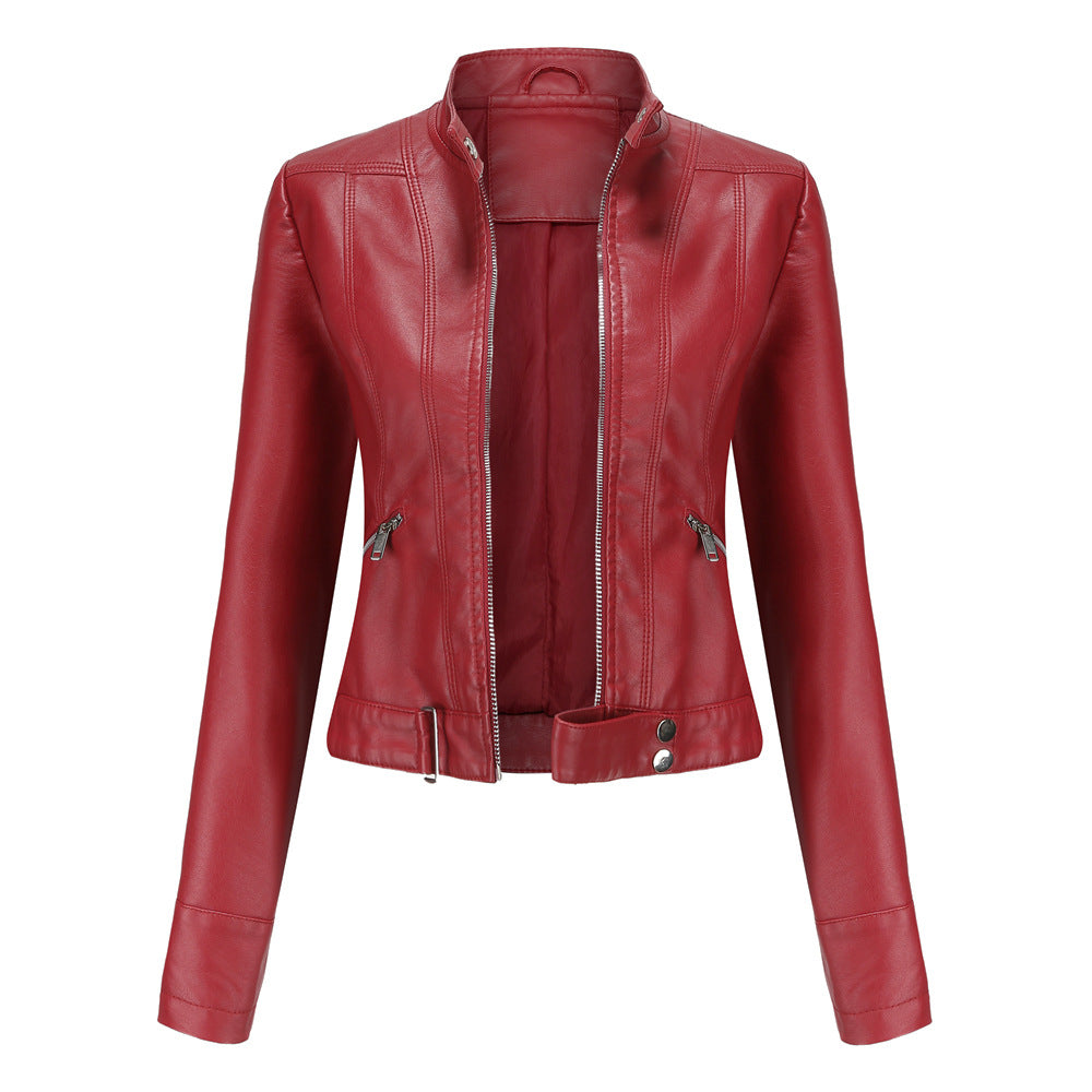Stylish Women's Leather Jacket with Zipper, High Collar, and Adjustable Belt