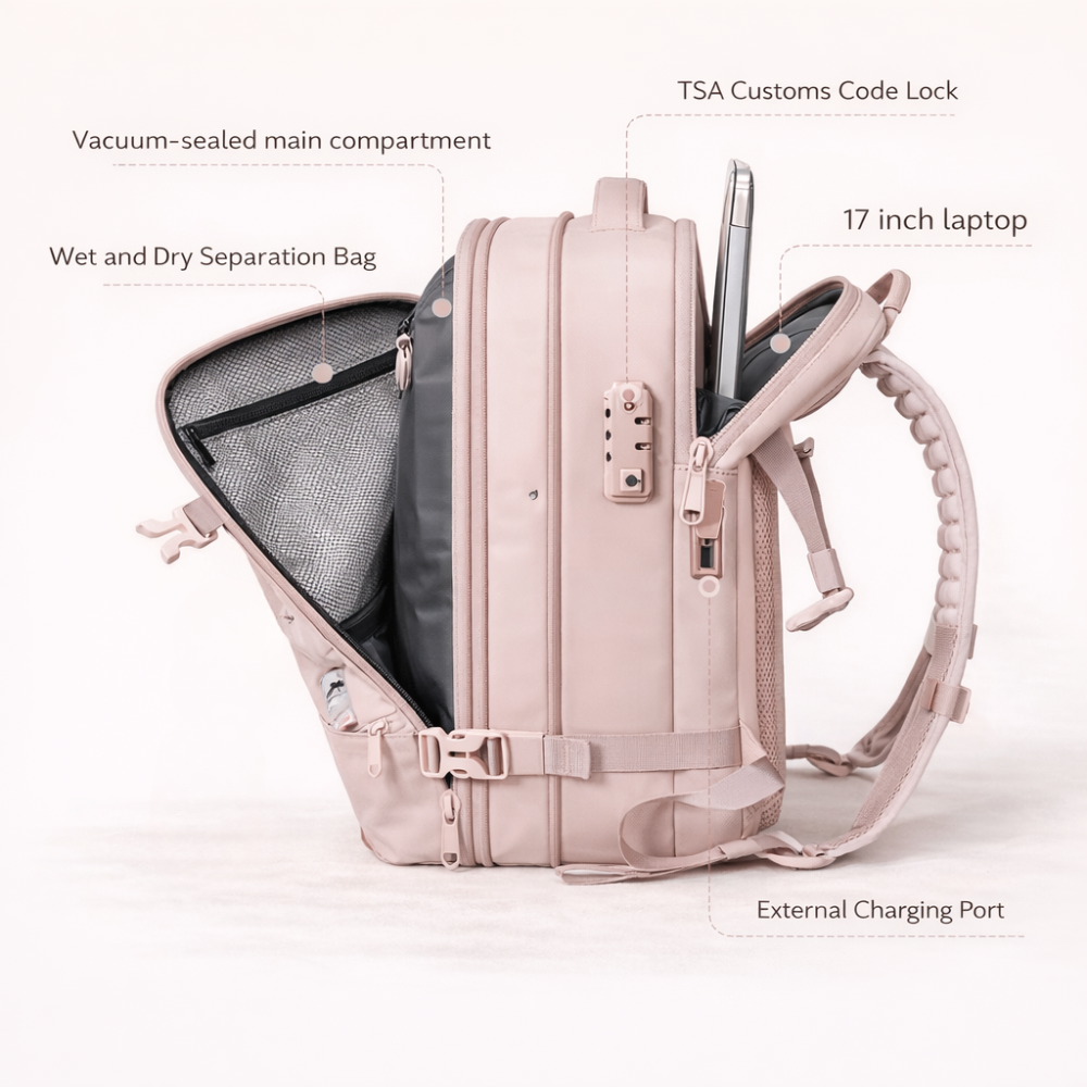 45L Pink Underseat Travel Backpack - Ideal for Overnight Trips and Cabin Luggage