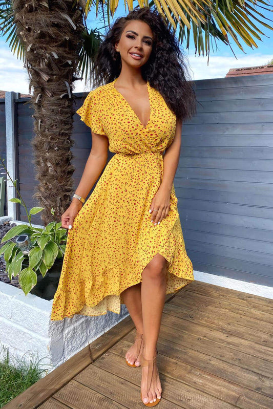 V-Neck Floral Frill Midi Dress for Women - Stylish Summer Outfit